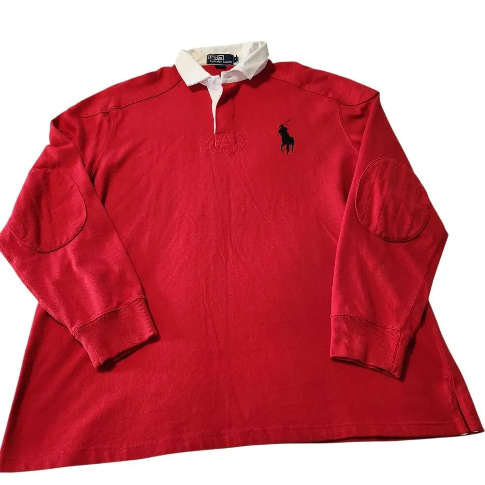 Vintage Polo Ralph Lauren Mens Red Rugby Long Sleeve Shirt Big Pony Size L